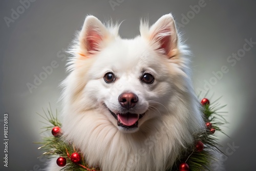 Adorable American Eskimo dog with fluffy white coat and radiant brown eyes poses on a transparent background, showcasing its seasonal festive charm and innocence.