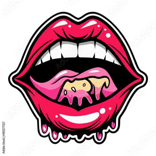 Vector illustration of red lips with glossy coating.Pop art style t-shirt print for fashion, beauty and pop culture related projects.