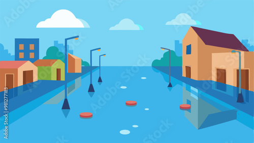 Colorful illustration depicting a flooded urban area with floating debris, ideal for environmental or disaster-related content.