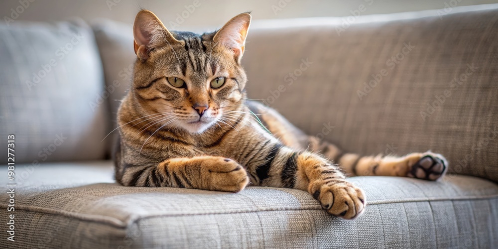 Obraz premium Tabby cat relaxing on a cozy couch while grooming its paw, tabby, cat, feline, pet, animal, domestic, resting, relaxing, couch
