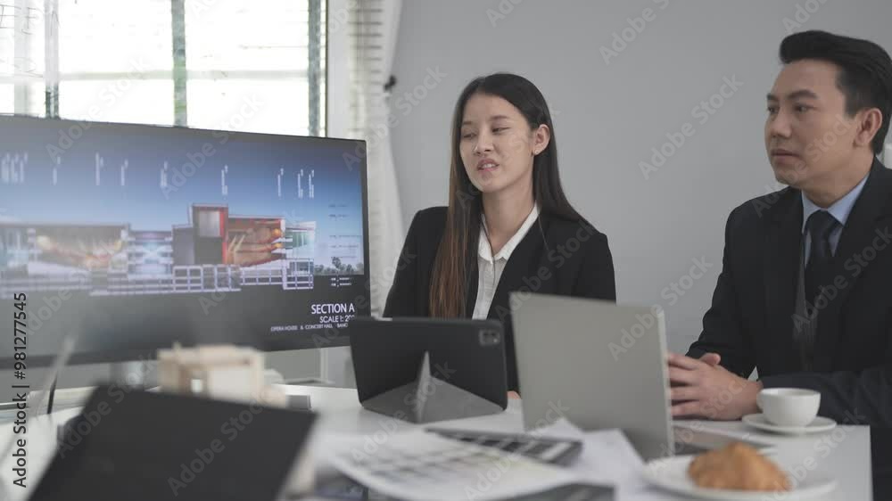 A businesswoman setting engages in a meeting.the background displays architectural plans, while her desk holds models and a laptop. The scene represents business meetings, architectural planning. A businesswoman setting engages in a meeting.the background displays architectural plans, while her desk holds models and a laptop. The scene represents business meetings, architectural planning.