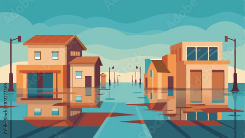 Bright and detailed illustration of a town suffering from floodwaters, ideal for disaster management or environmental issues.