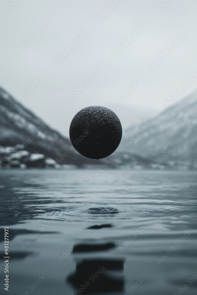 A minimalist black ball floats above calm water, surrounded by serene mountains. tranquil scene evokes sense of peace and contemplation, perfect for relaxation A minimalist black ball floats above calm water, surrounded by serene mountains. tranquil scene evokes sense of peace and contemplation, perfect for relaxation