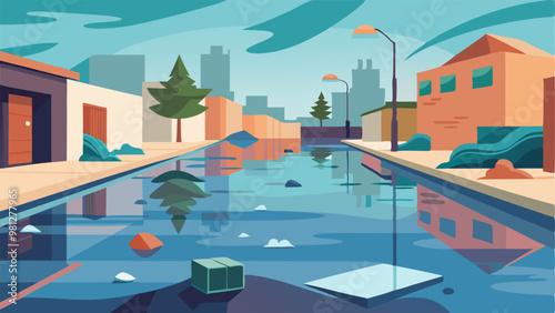 Vivid illustration showing a suburban area submerged in water, perfect for climate change, floods, and environmental crises topics.