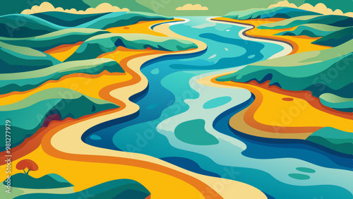 A painting of a river with mountains in the background