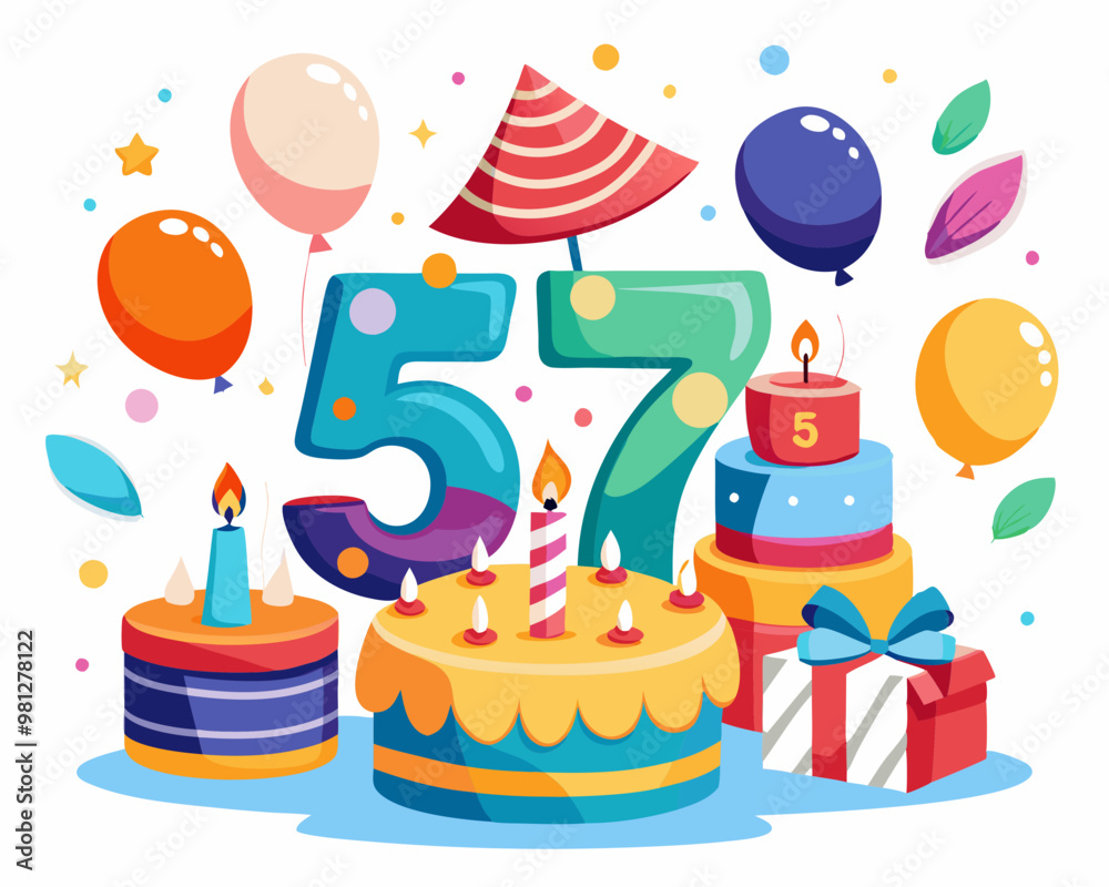 57 Birthday Vector With Cake, Balloons And Confetti