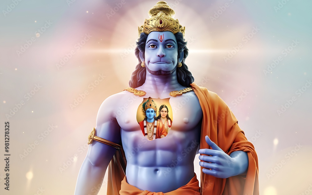 A digital illustration of Hanuman, a Hindu deity, with Rama and Sita inside his chest. A digital illustration of Hanuman, a Hindu deity, with Rama and Sita inside his chest.