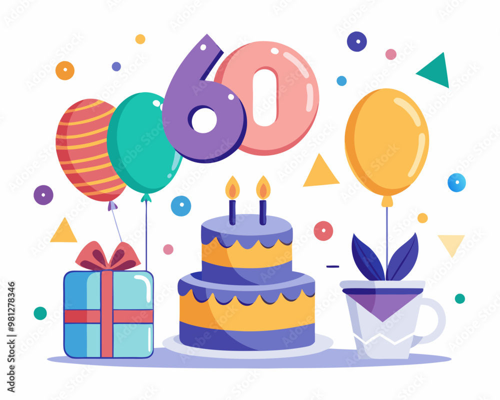 60 Birthday Vector With Cake, Balloons And Confetti 60 Birthday Vector With Cake, Balloons And Confetti