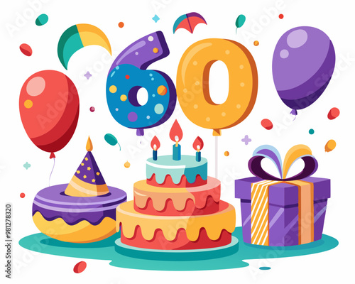 60 Birthday Vector With Cake, Balloons And Confetti