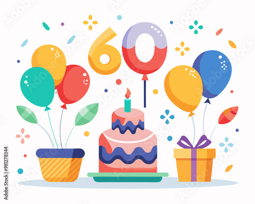 60 Birthday Vector With Cake, Balloons And Confetti