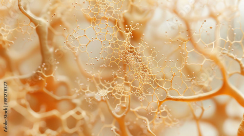 Delicate networks of fungal hyphae create intricate patterns, showcasing beauty of natures design. This close up reveals complexity and elegance of these structures