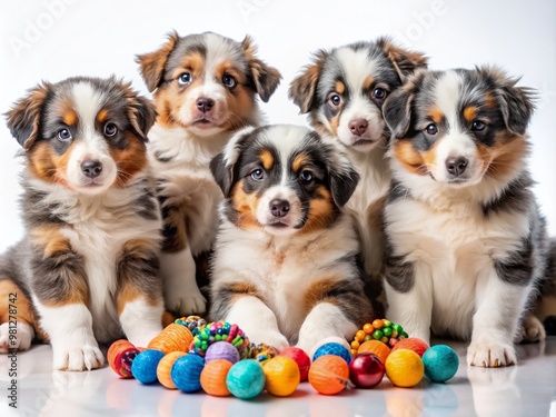 Adorable Australian Shepherd puppies in toy and mini sizes playfully surrounded by colorful toys, bringing joy and excitement to any scene or setting.