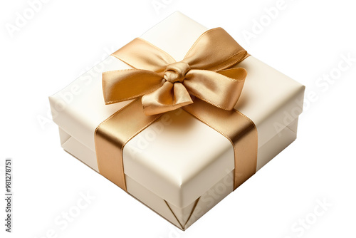  A beautifully wrapped white gift box adorned with a luxurious gold satin ribbon and bow. Png die cut isolated. 