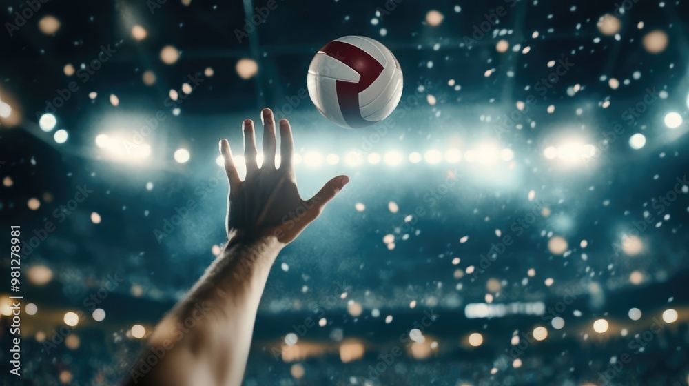 Volleyball reaching for ball during indoor match, illuminated by spotlight. Atmospheric and dramatic game moment. Sports and competition concept. 