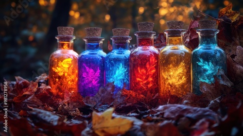 Set of colorful glass vials filled with glowing liquid, each containing different magical effects and colors, nestled among autumn leaves in an enchanted forest setting. Modern witch decor aesthetics.