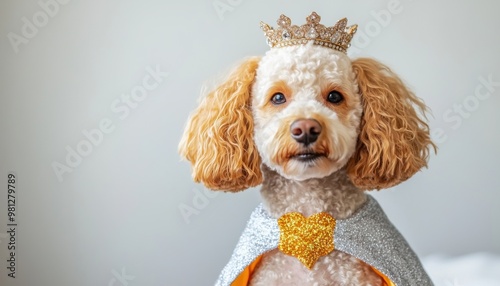 A charming dog dressed as royalty, wearing a crown and a sparkling cape, perfect for pet-themed designs and marketing. photo