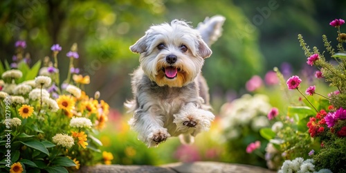 Adorable Dandie Dinmont Terrier leaps into the air, ears flapping, tail wagging, with an infectious goofy grin, surrounded by lush greenery and vibrant flowers. photo