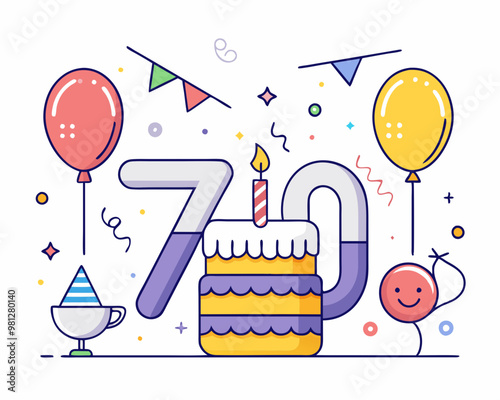 70 Birthday Vector With Cake, Balloons And Confetti