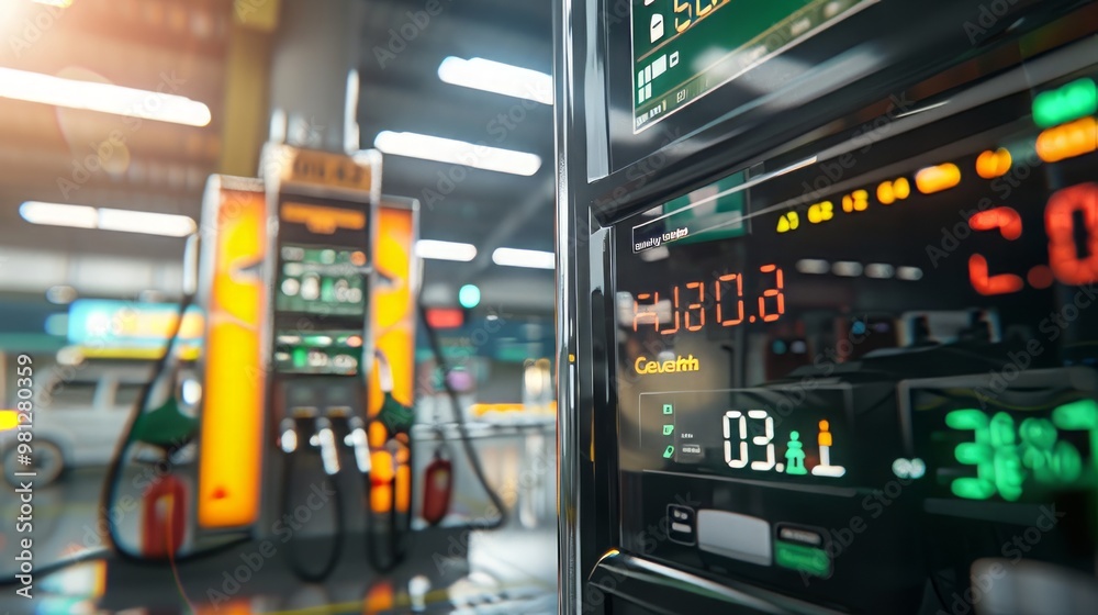Close up digital gas pump screenshowing rising fuel prices at busy gas station, clear increase in numbers reflecting rising gas pricesconcept. Close up digital gas pump screenshowing rising fuel prices at busy gas station, clear increase in numbers reflecting rising gas pricesconcept.
