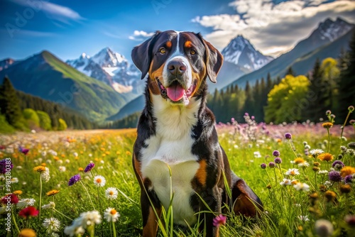 A majestic Greater Swiss Mountain Dog sits regally in a vibrant meadow, surrounded by a kaleidoscope of wildflowers and lush green grass on a sunny day. photo