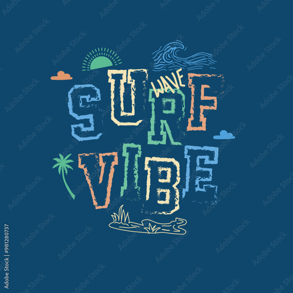 Naklejka premium Surf Vibe summer beach ocean typography colorful element graphic print design