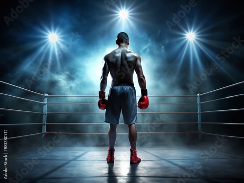 Dramatic silhouette of a lone boxer in red gloves standing confidently in a empty boxing ring, spotlight shining down, against a blurred dark background.