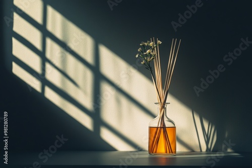 Minimalist aromatherapy setup with reed diffuser and soft shadows on wall