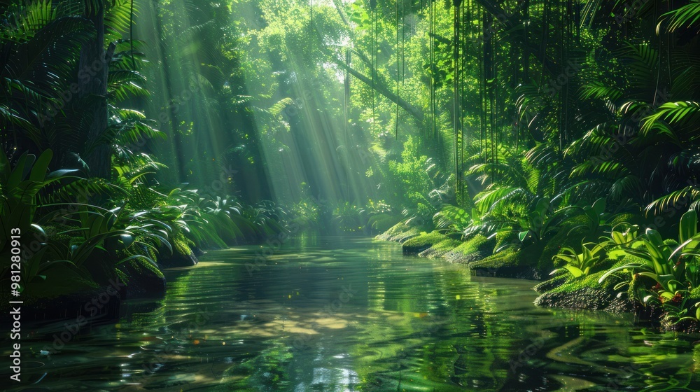 Obraz premium Sunbeams Through Lush Rainforest