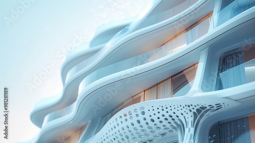 A modern architectural marvel, a white building with curved walls and floor-to-ceiling windows that create an abstract pattern