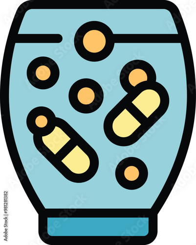 This vector illustration features a glass jar filled with water and medication capsules, representing the concept of dissolving medicine