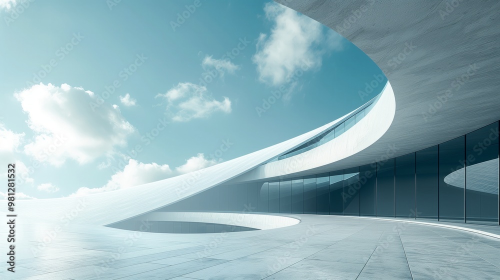 A modern conceptual architectural structure with a curved, white facade that appears to be made of concrete, set against a cloudy sky. Minimalist architecture and exterior design background A modern conceptual architectural structure with a curved, white facade that appears to be made of concrete, set against a cloudy sky. Minimalist architecture and exterior design background