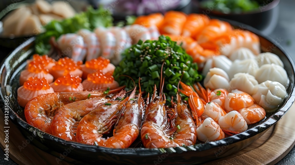Assorted boiled seafood on dish Assorted boiled seafood on dish