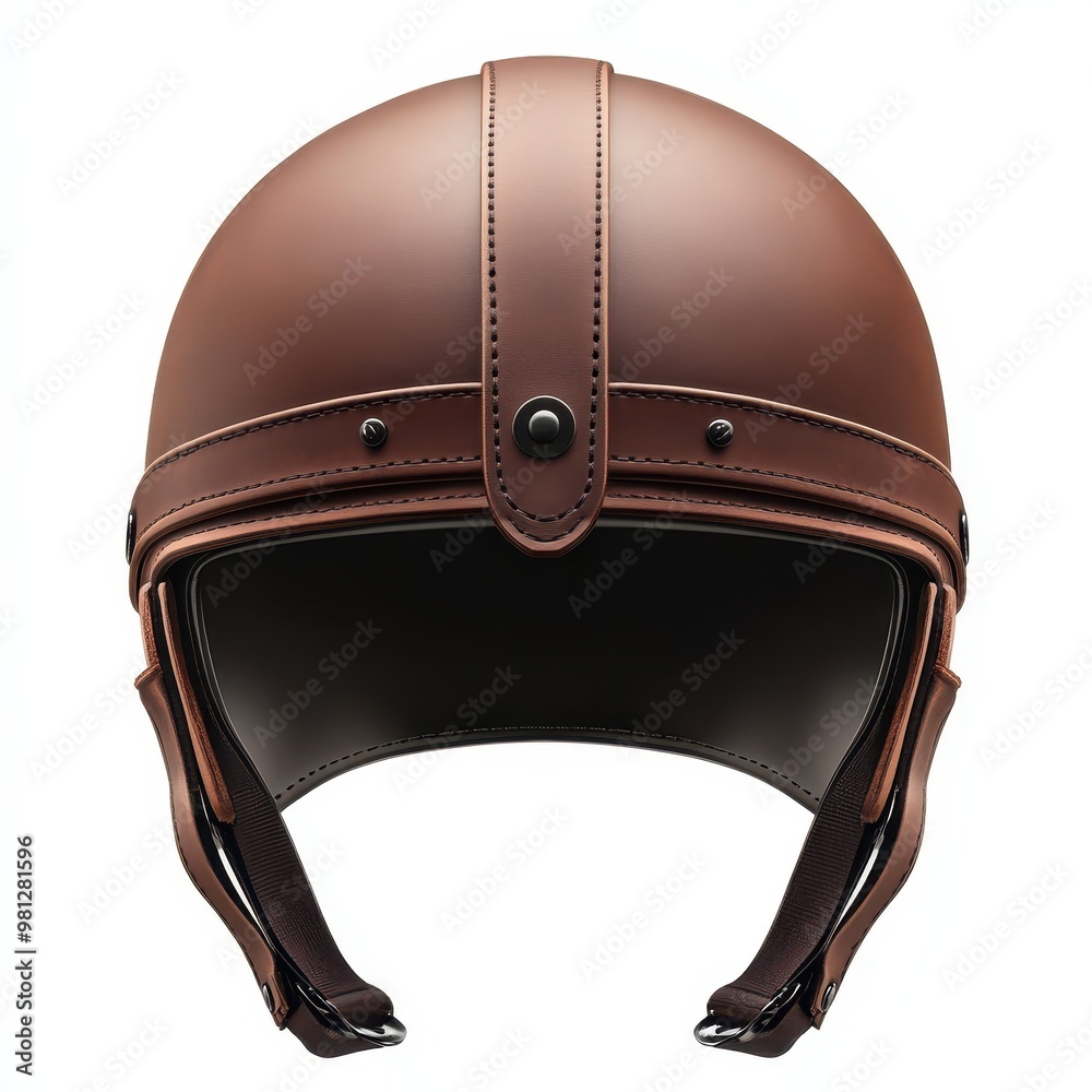 Fototapeta premium Stylish brown leather helmet designed for safety and comfort in motorcycling. Perfect for riders seeking both fashion and protection, white background