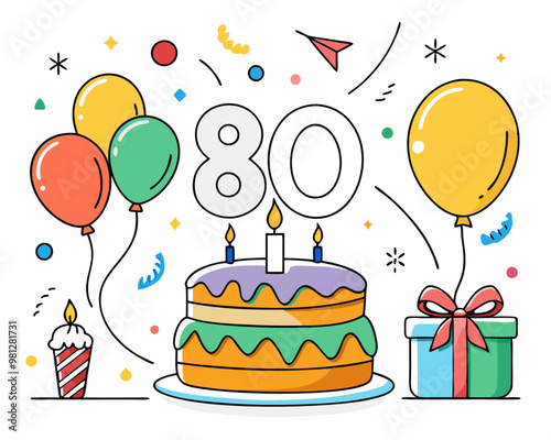 80 Birthday Vector With Cake, Balloons And Confetti