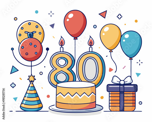 80 Birthday Vector With Cake, Balloons And Confetti