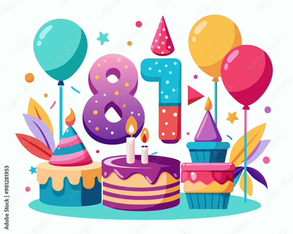 81 Birthday Vector With Cake, Balloons And Confetti 81 Birthday Vector With Cake, Balloons And Confetti