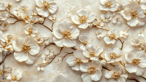 Vintage 3D Wallpaper with White Flowers and Golden Elements on a Beige Background -- AI generated illustration