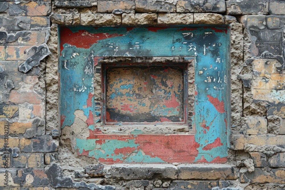 Naklejka premium A weathered brick wall with a rectangular hole, revealing a layer of chipped paint in shades of blue, red, and green.