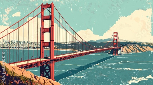 San Francisco Golden Gate Bridge stylized vintage postcard illustration