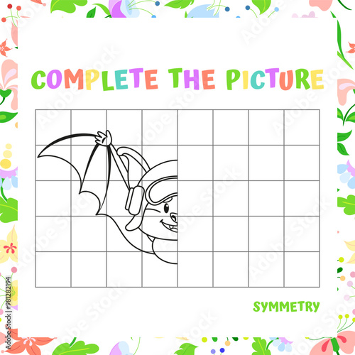 Complete the Picture - Symmetry Bat in aviator helmet. Vector Illustration for kids