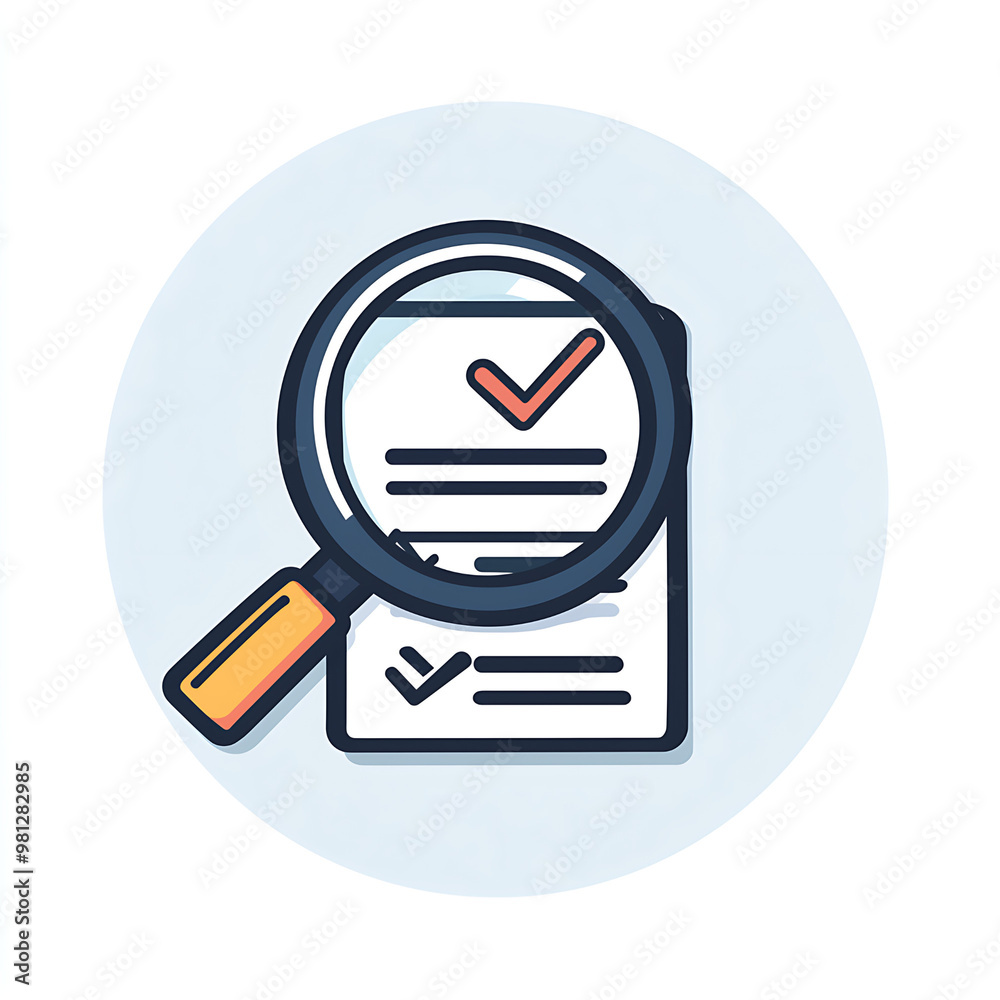 Flat icon of a magnifying glass focusing on a checklist Flat icon of a magnifying glass focusing on a checklist