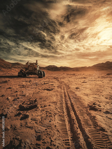 A vehicle is driving on a dirt road in a desert