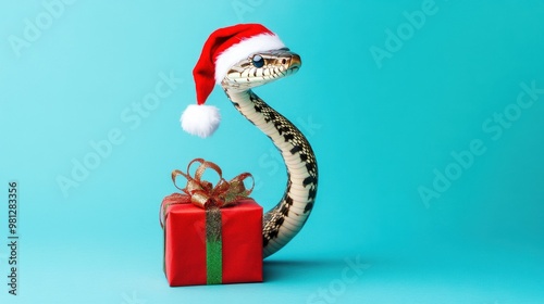 Santa's snake with red gift in front, blue backdrop