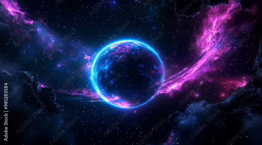 Obraz premium Vibrant Planet Surrounded by Pink Cosmic Clouds