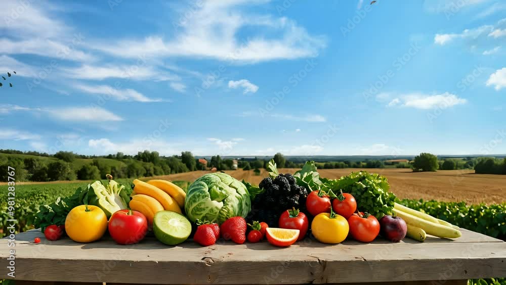 fresh fruits and vegetables on a wooden table with a countryside landscape under a bright blue sky. seamless looping time-lapse 4K video background fresh fruits and vegetables on a wooden table with a countryside landscape under a bright blue sky. seamless looping time-lapse 4K video background