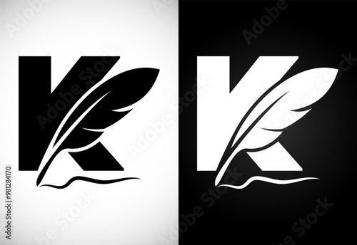 English alphabet K with feather logo design template. Logo for a writer or publishers.