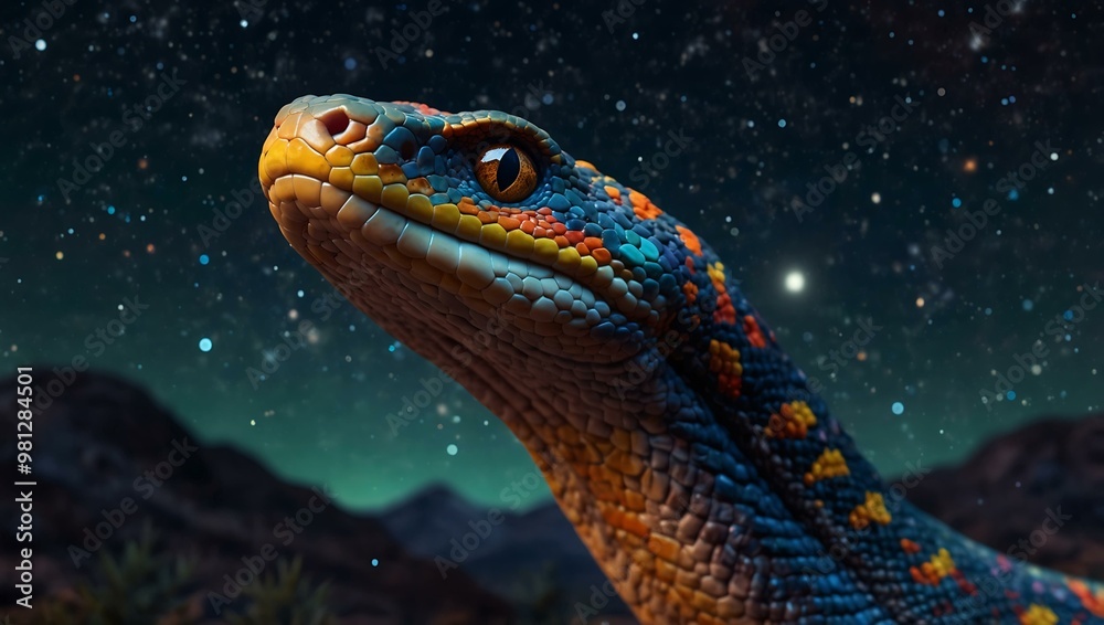 Colorful animated snake gazing at the starry sky. Colorful animated snake gazing at the starry sky.