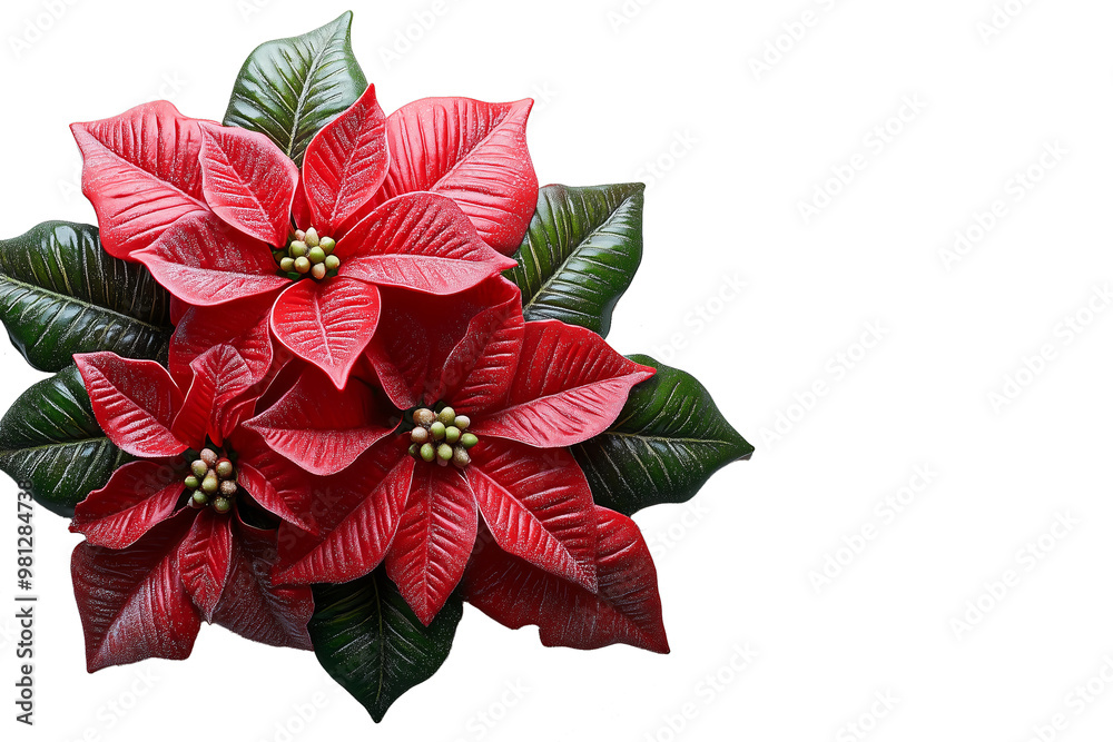 Obraz premium A vibrant display of red poinsettia flowers with green leaves, isolated on a white background. Png die cut, isolated on white background. 