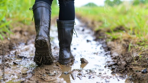 Rain Boots Trudging Through a Muddy Path in Nature photo