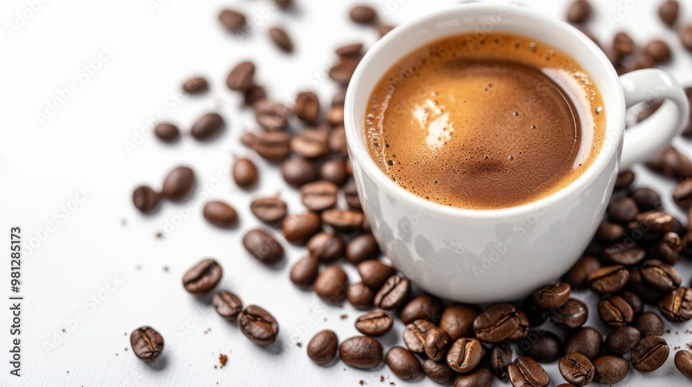 Freshly Brewed Coffee in a Cup Surrounded by Coffee Beans